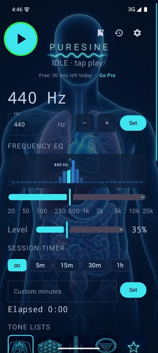 PureSine Tone screen showing 432 Hz, the frequency EQ and the session timer